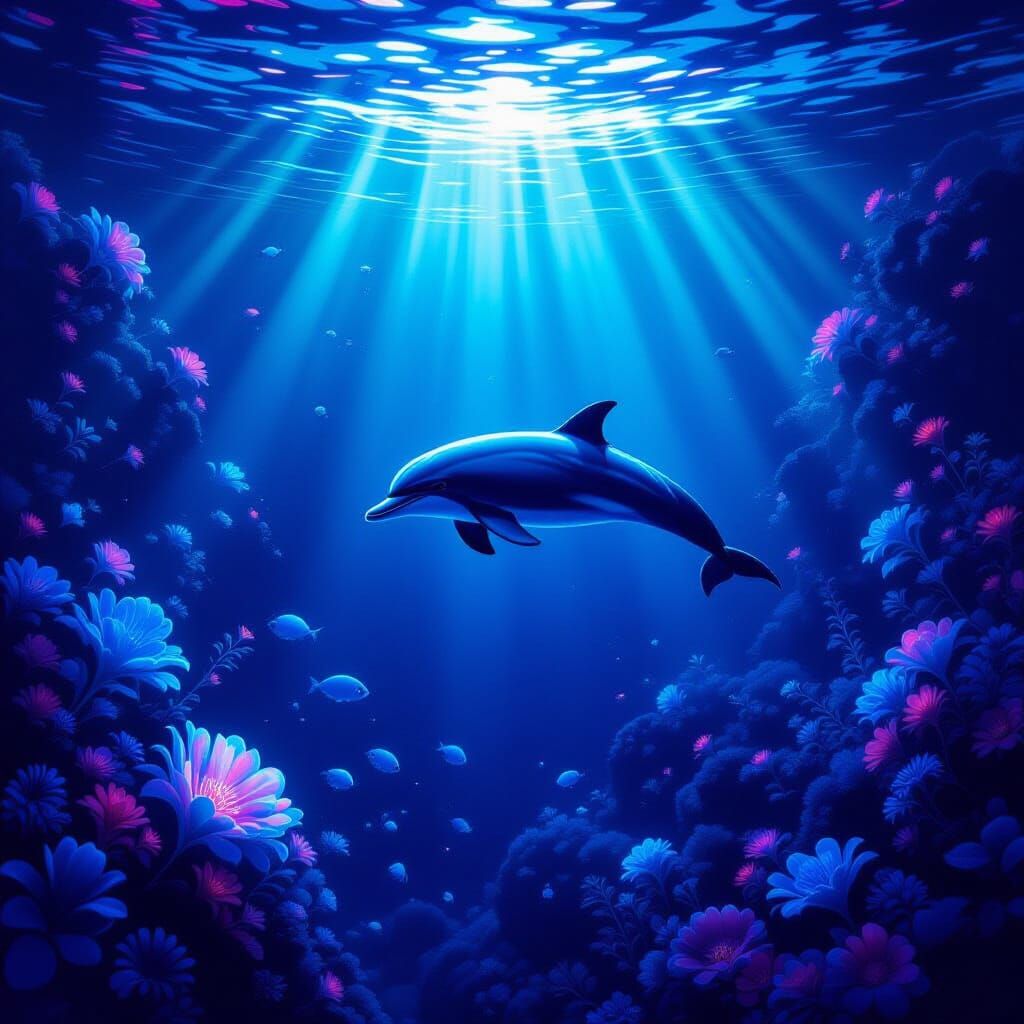 Surreal Underwater Bioluminescent Ecosystem with Dolphin
