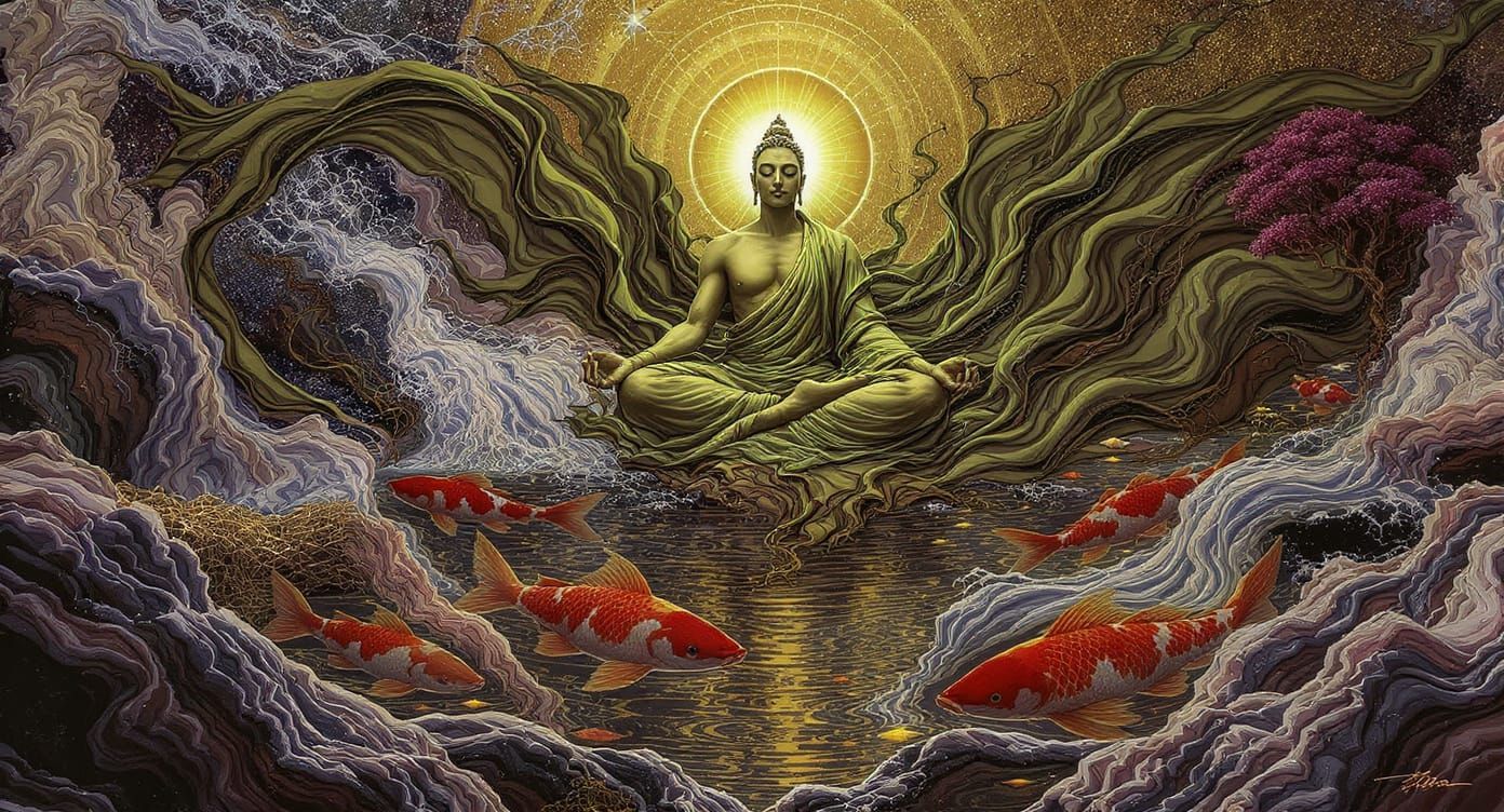 Yoga Master Over Detailed Koi Pond in Abstract Surrealism St...