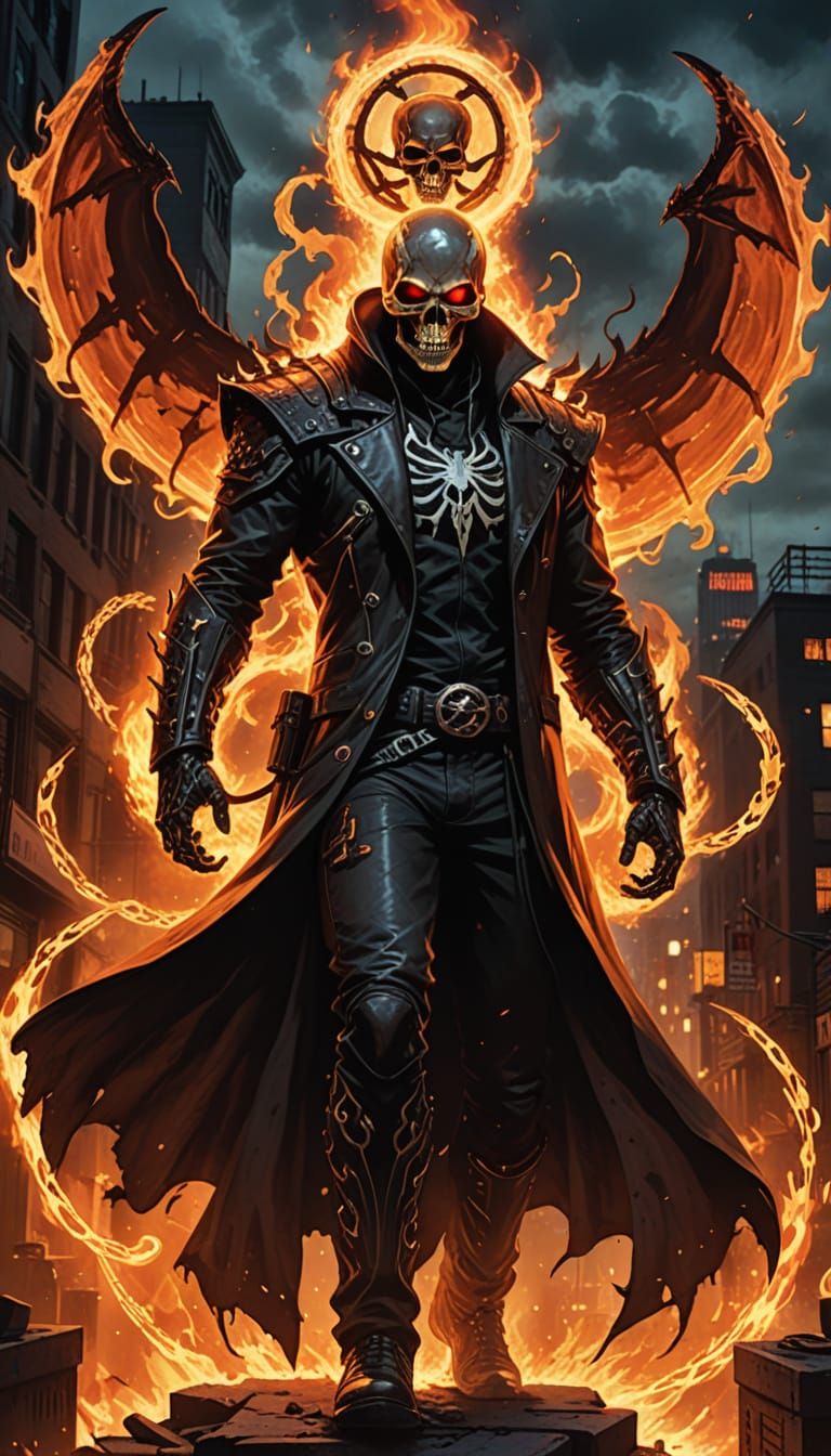 Spectral Avenger Confronts Hell's Fury in Cyberpunk Style