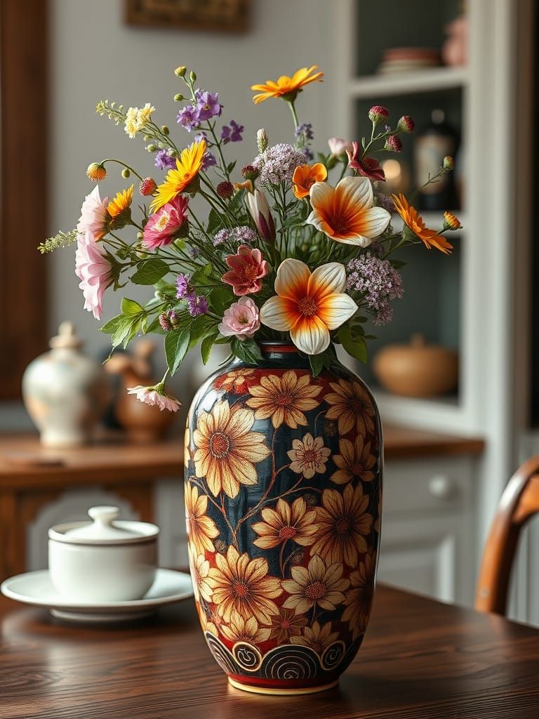 Lacquer-Carved Vase in Country Kitchen
