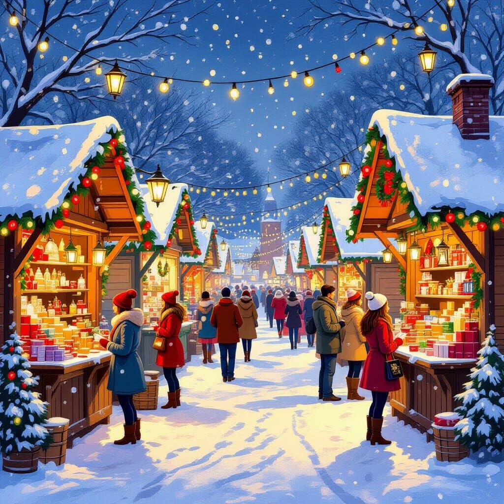 Whimsical Christmas Market in Fairytale Illustration Style