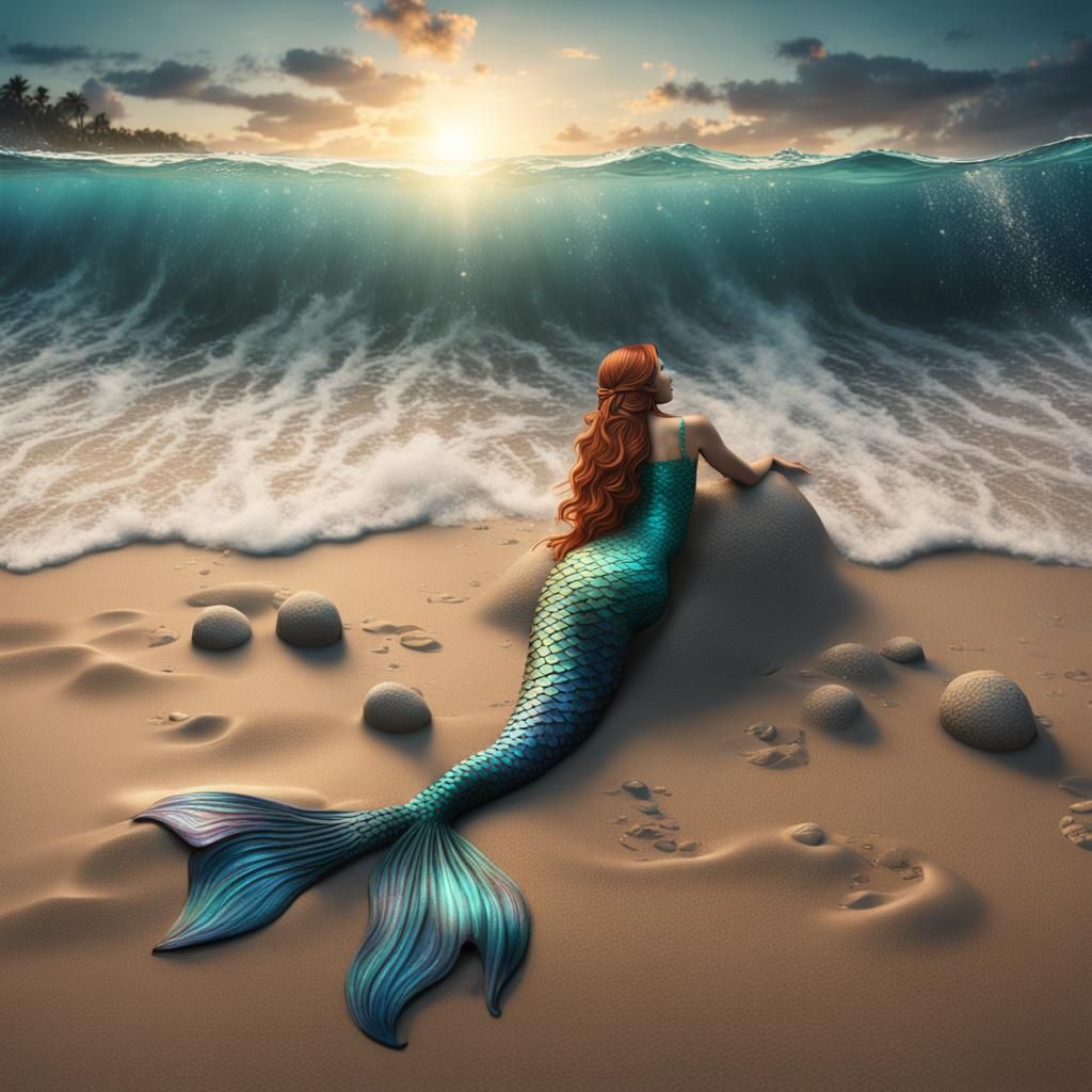 Mermaid Sunbathing on the Shore in Fantasy Art