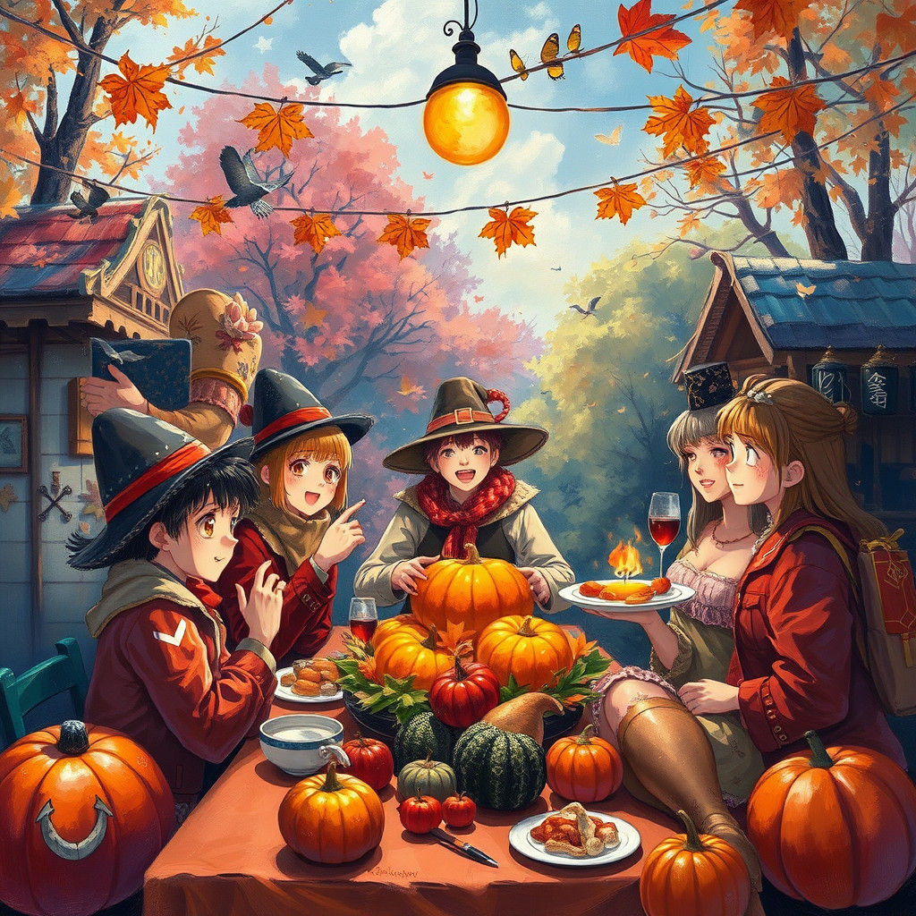 Anime-Inspired Thanksgiving Oil Painting in Gurney Style