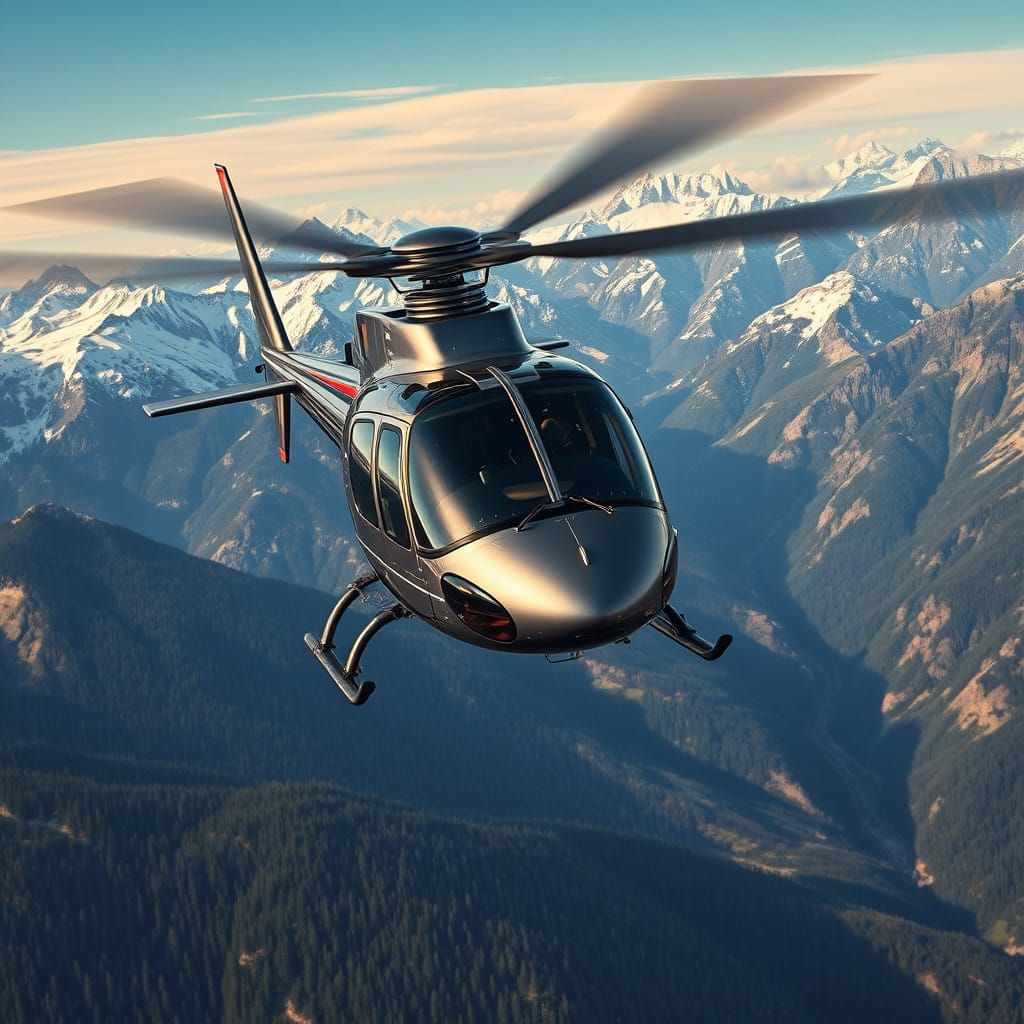 Sleek Metallic Helicopter Soars Towards the Viewer