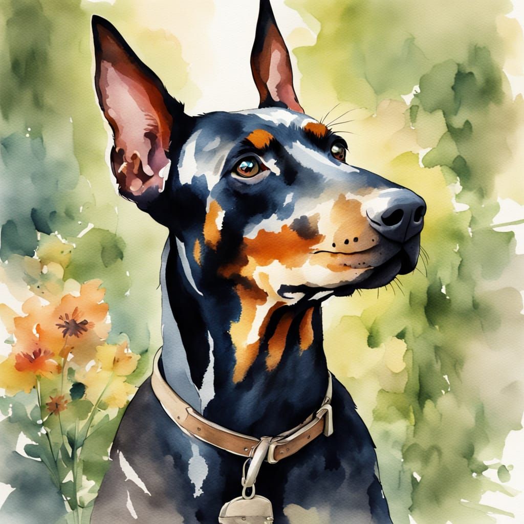 Whimsical Doberman Pinscher Watercolor Portrait