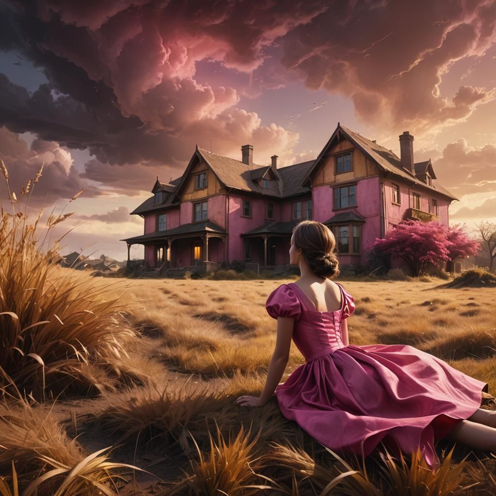 Girl in Pink Dress Gazing at Distant House