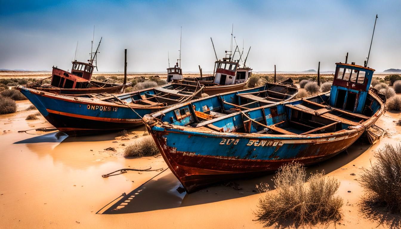Deserted Fishing Boats in Evaporated Sea