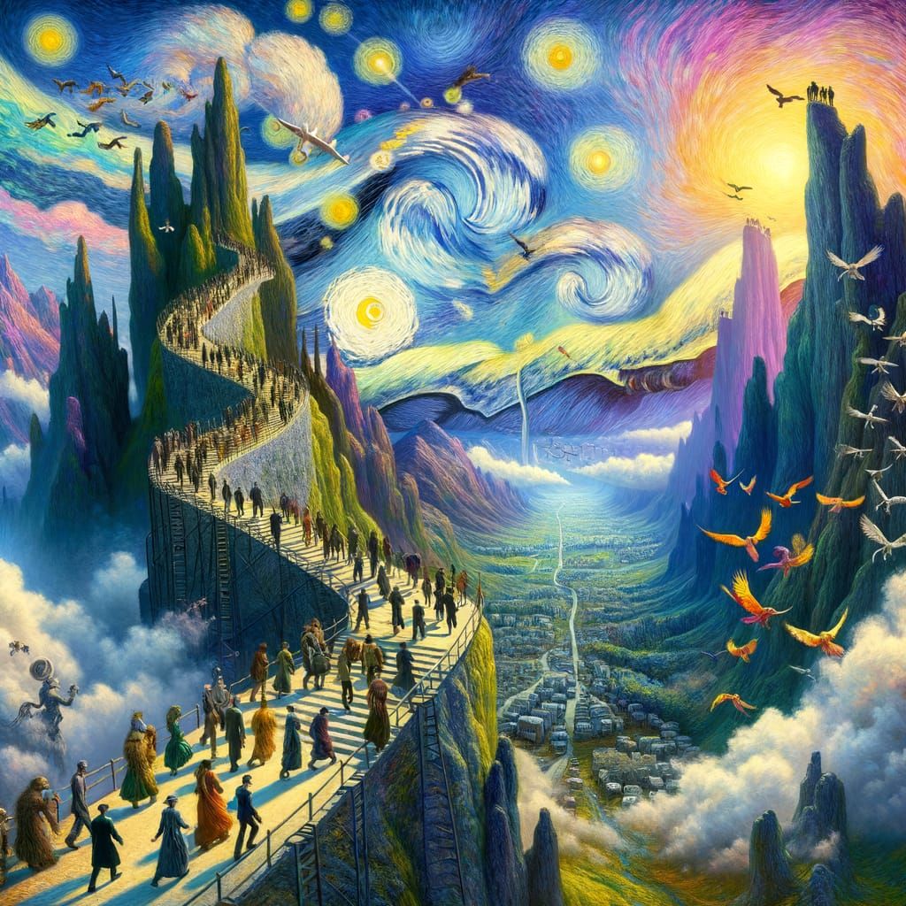 Surreal Staircase with Marching Figures in Post-Impressionis...