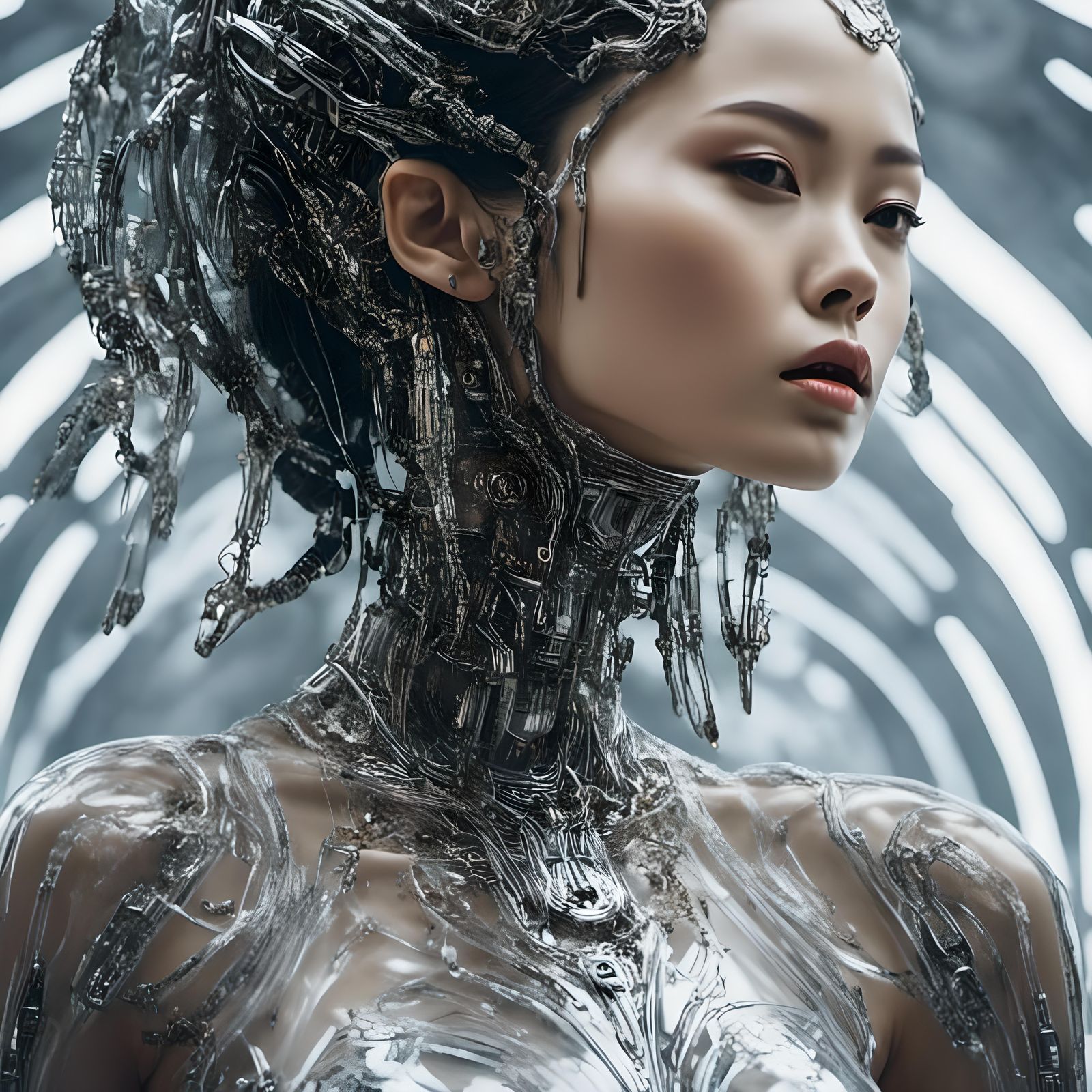 Human Alien Droid in a glass dress fully geared up .