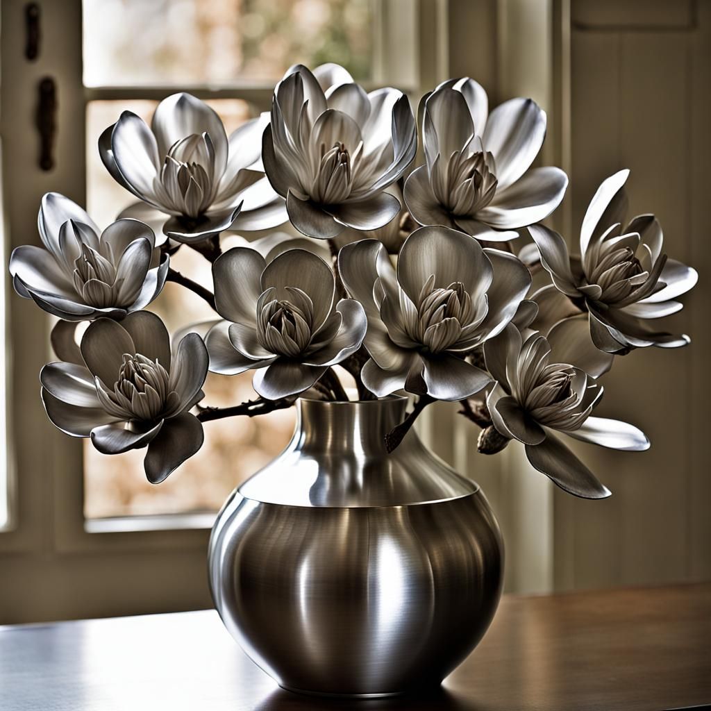 Biomechanical Steel Magnolias in Glass Vase