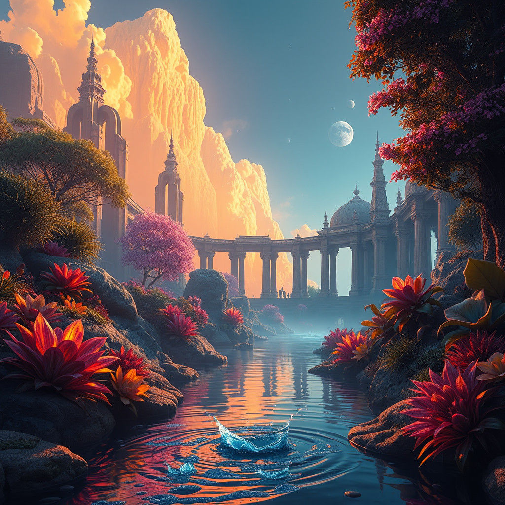 Ethereal Landscape with Iridescent Flora and Ancient Archite...
