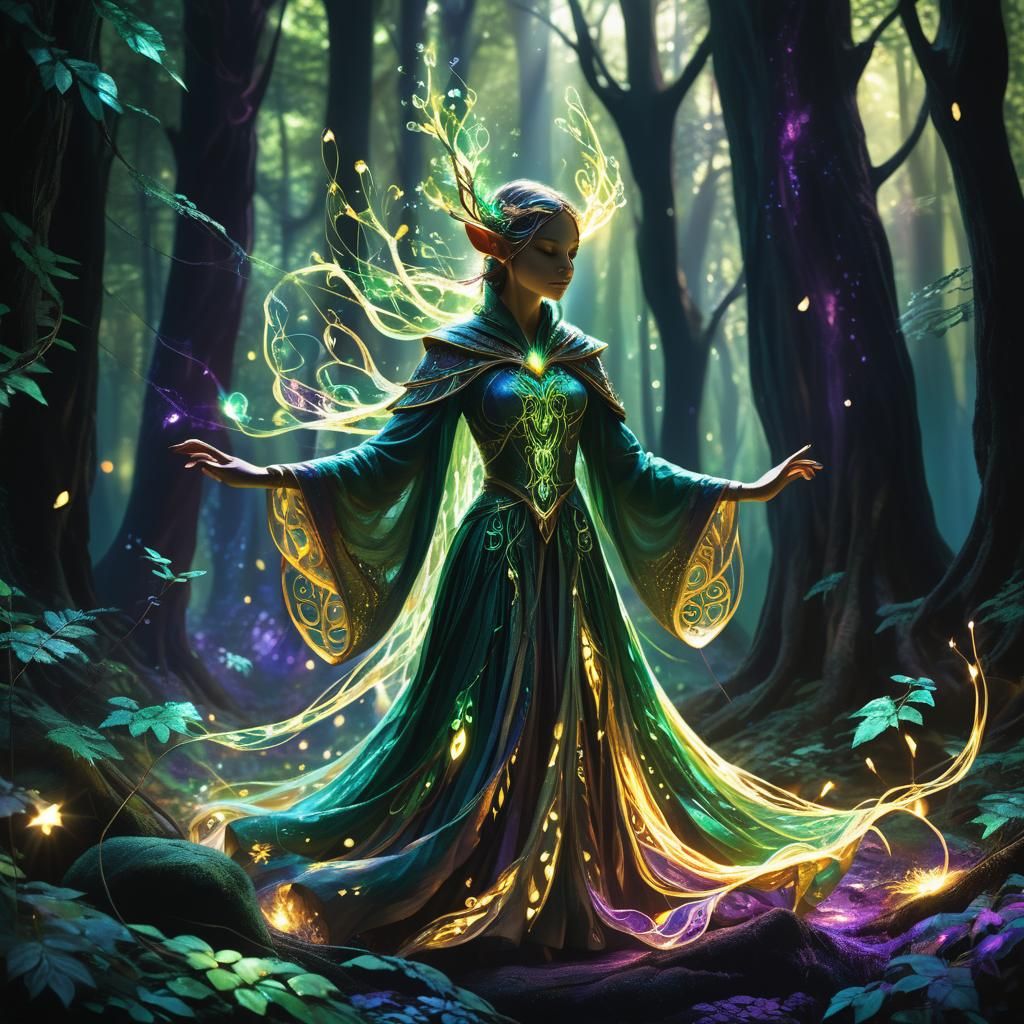Elfin Figure Weaving Glowing Threads in Mystical Forest