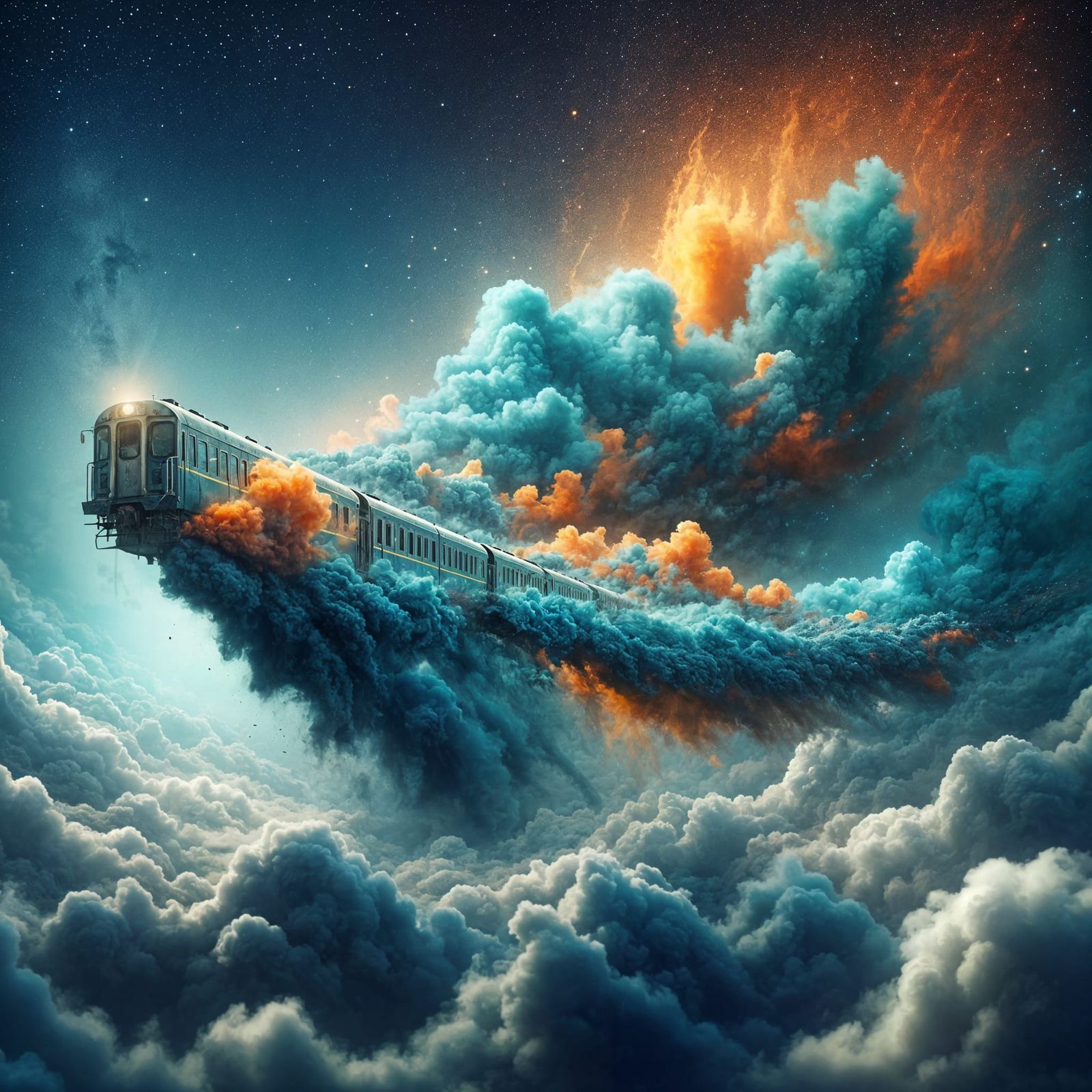 Train Soaring Through Clouds with Teal and Orange Smoke