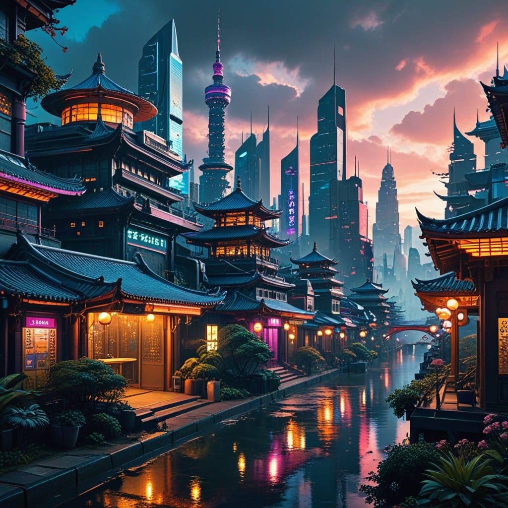 Future Utopian Cityscape with Floral Punk Accents