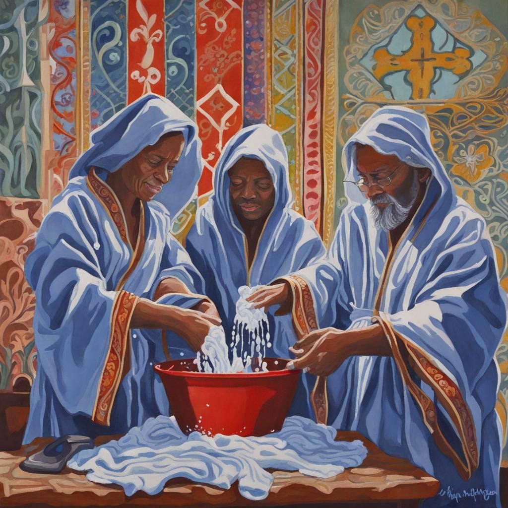 Detailed Gouache Painting: Washing of Robes