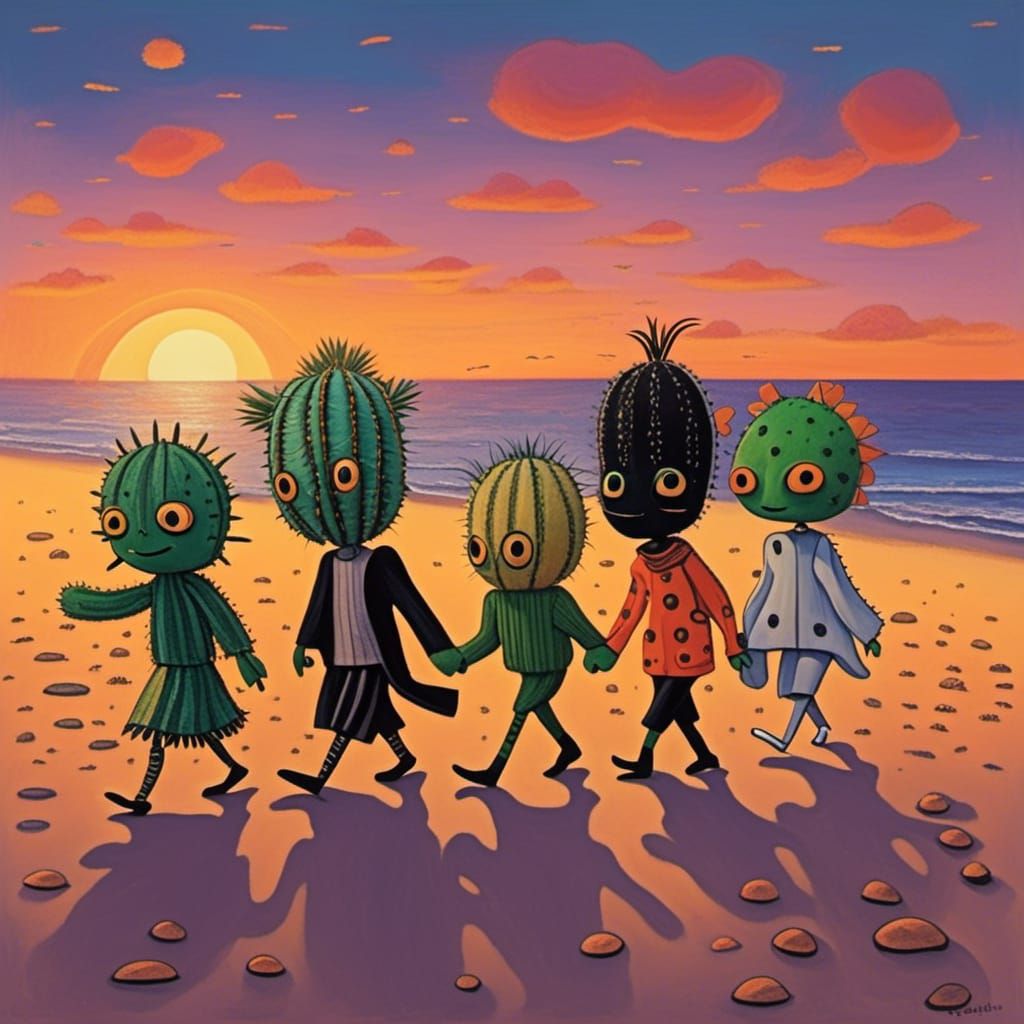 Cactus People Enjoy Sunset Beach Walk