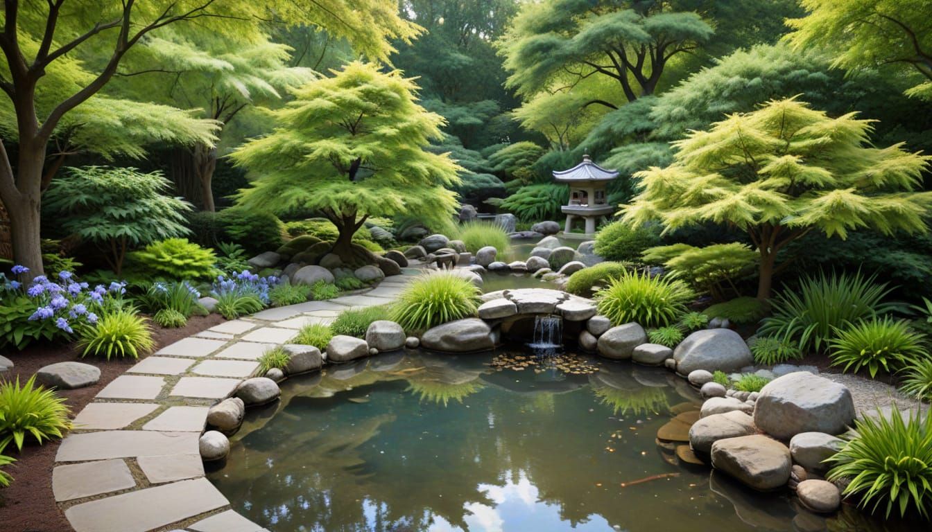 Moonlit Zen Garden with Koi Pond and Herons