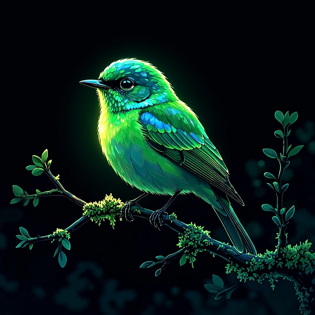 Glowing Green Bird Under Twinkling Stars