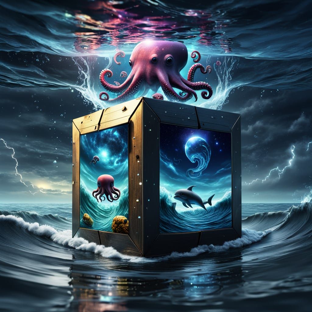 Surreal Mystery Cube Reflecting Cosmic Whales