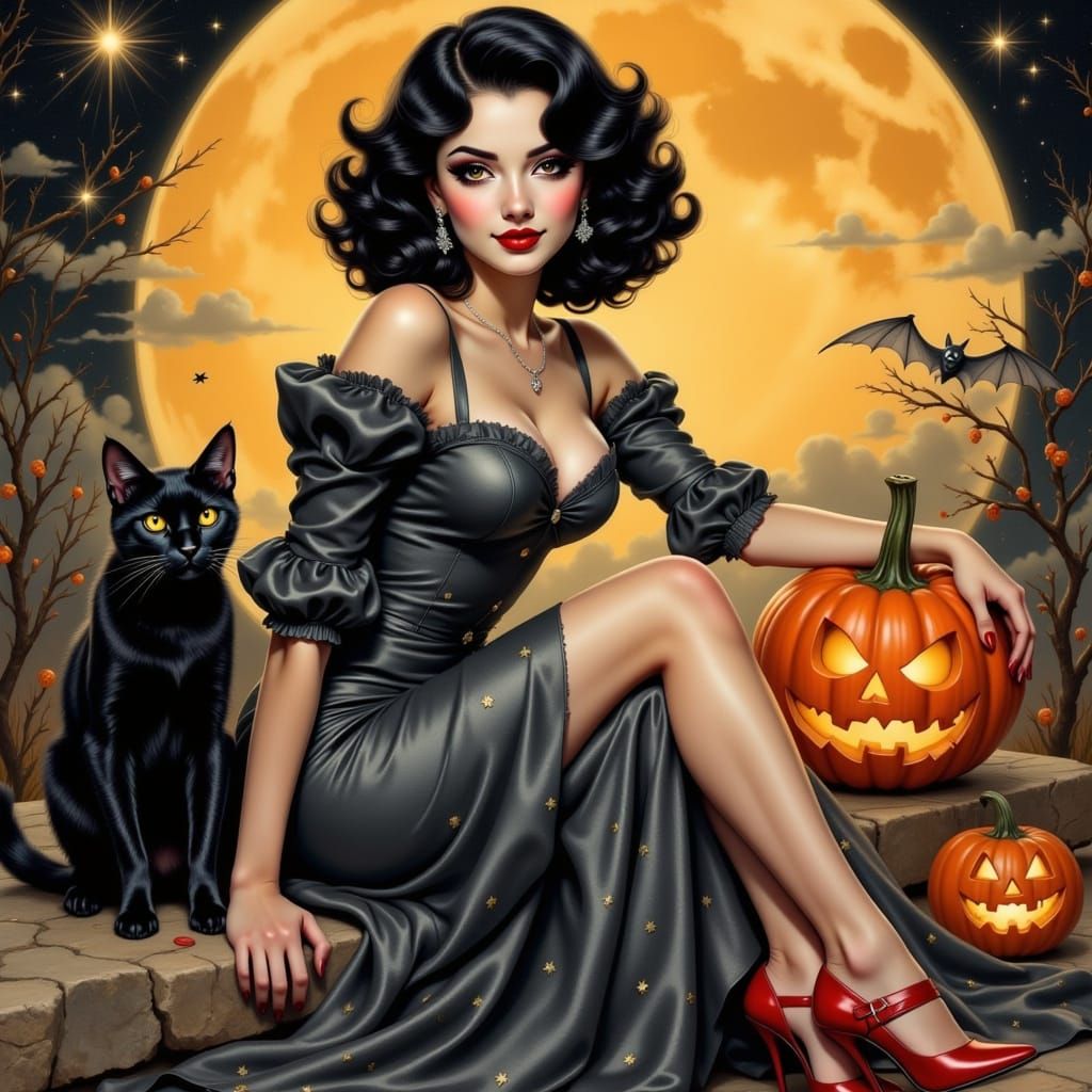Elegant Witch with Black Cat Under Full Moon