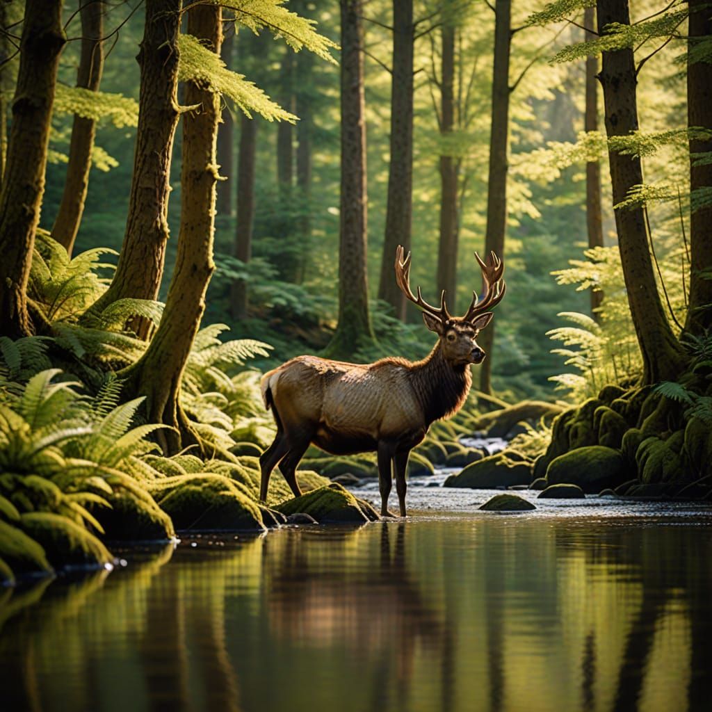 Sunlit Forest River with Grazing Irish Elk