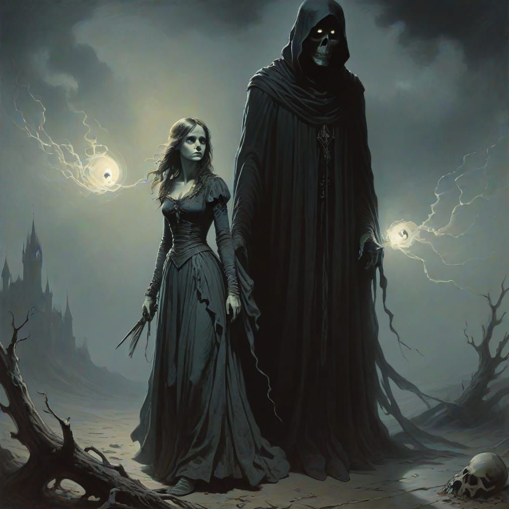 Woman's Spectral Encounter in Gothic Horror Style