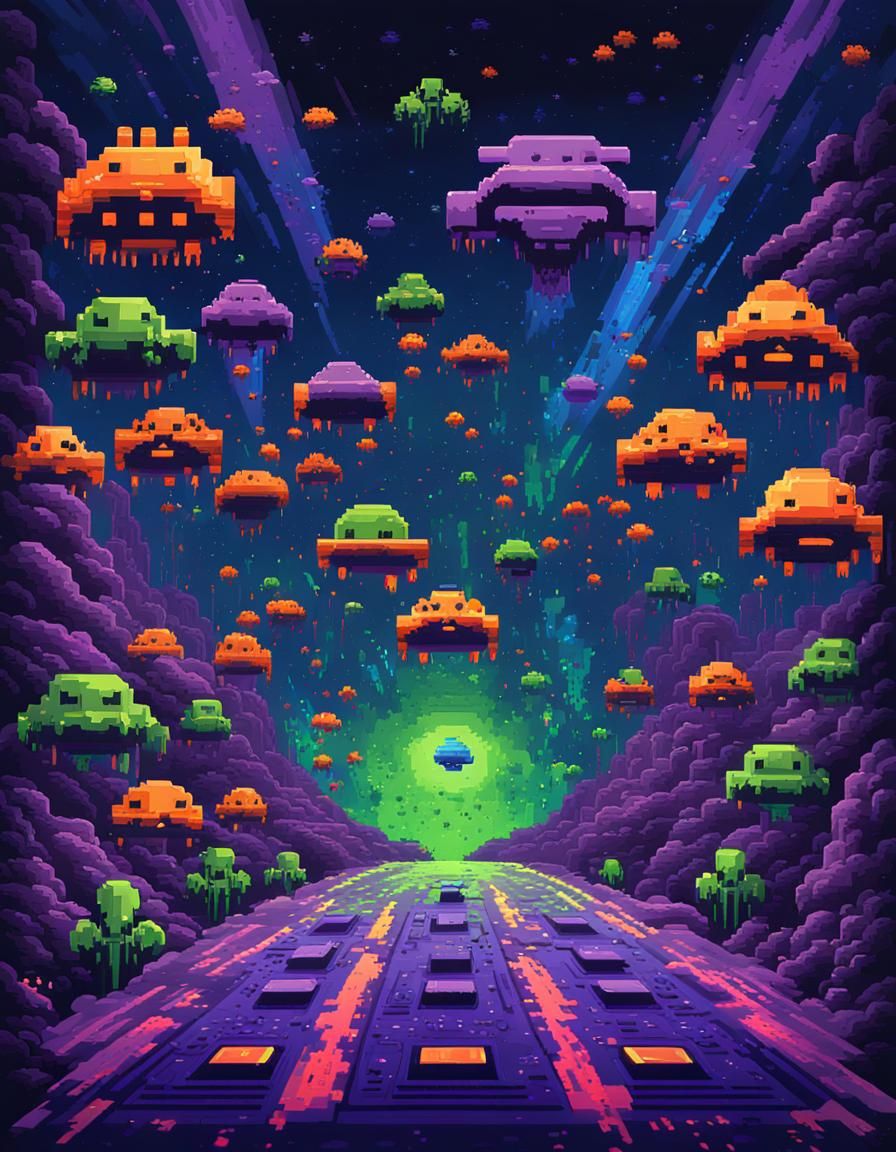 Space Invaders Marching in Unison: 8-bit Arcade Style