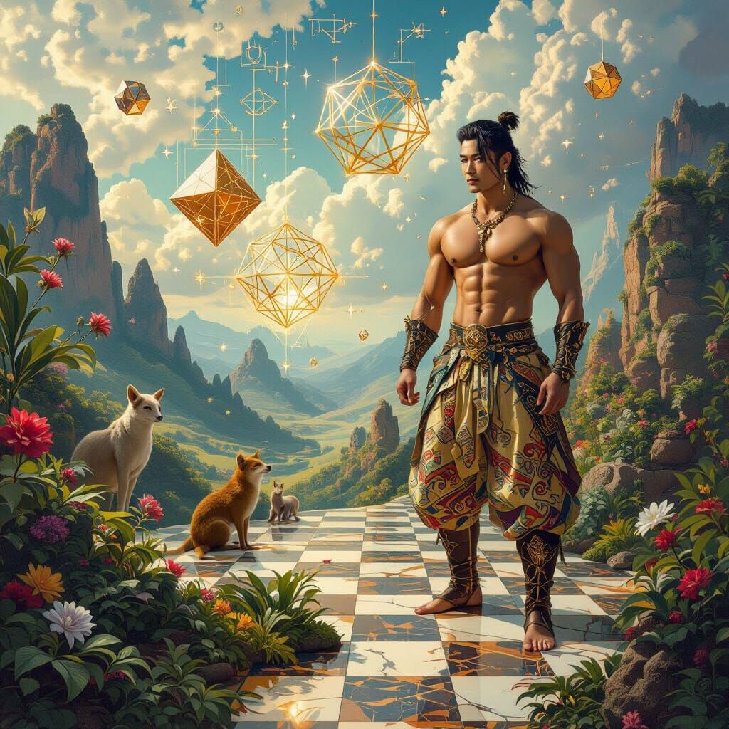 Muscled Man in Surreal Math Paradise, Oil Paint Style