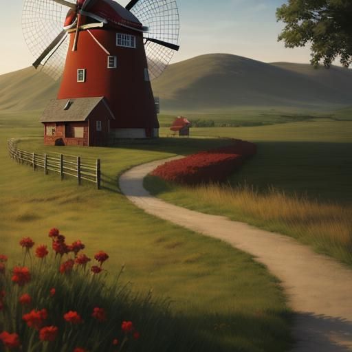 Photorealistic Red Windmill Landscape