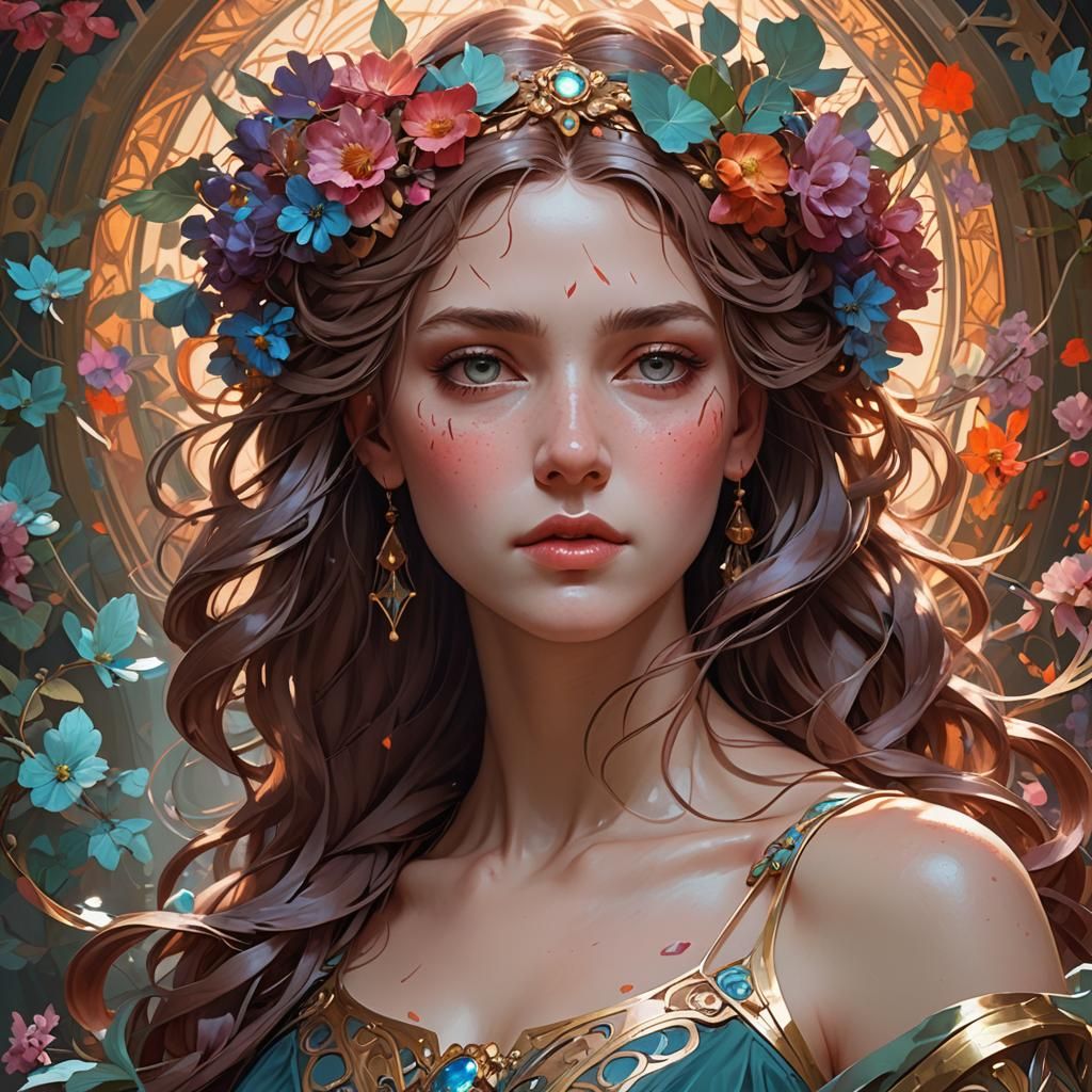 Persephone Portrait in Hyperdetailed Art Nouveau Style
