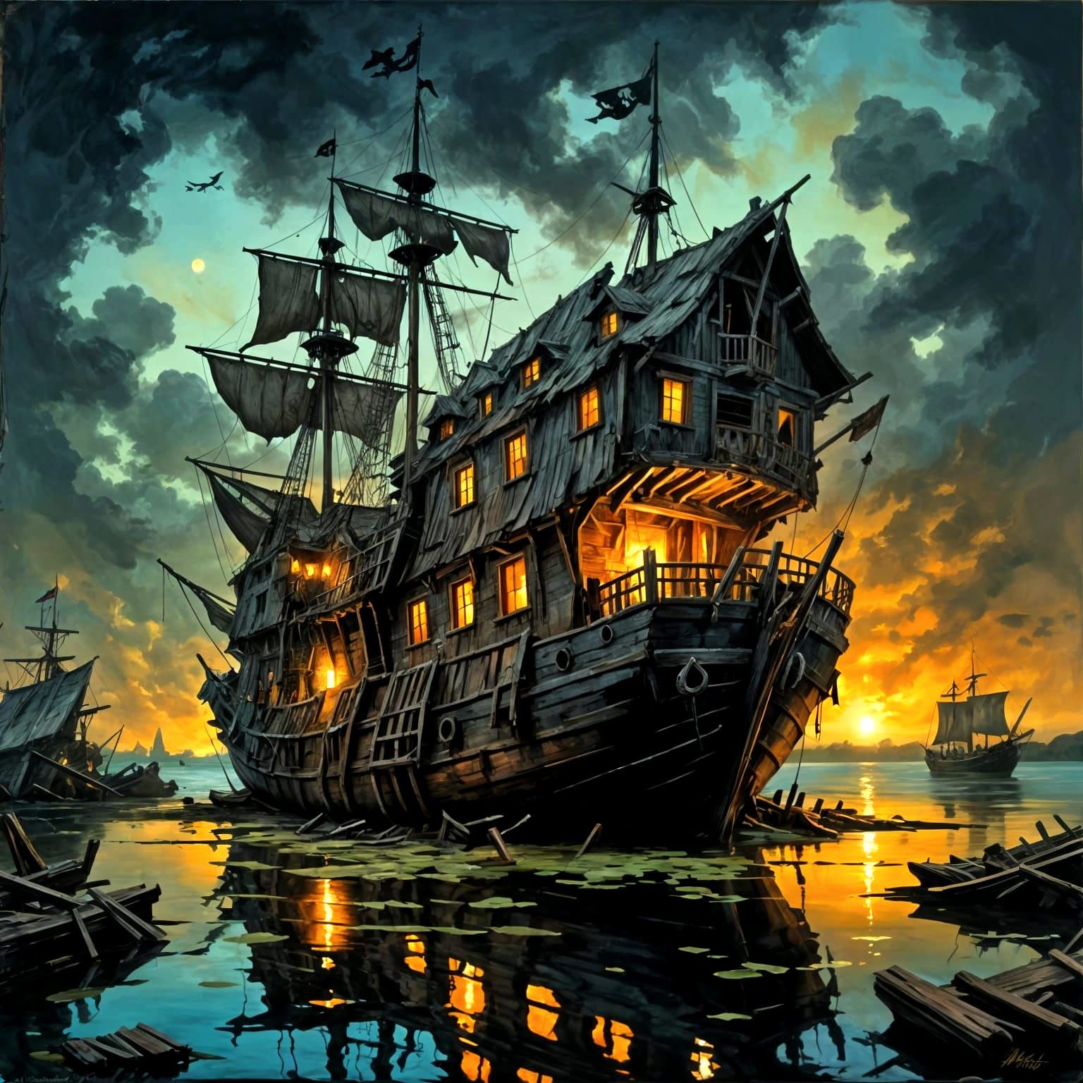 Dramatic Pirate Hideout in Chiaroscuro Impasto Oil Painting