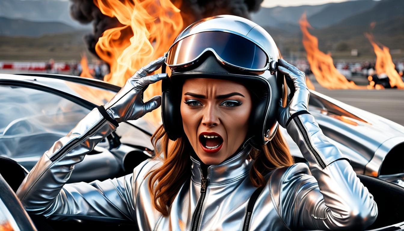 Girl in Burning Race Car Screaming