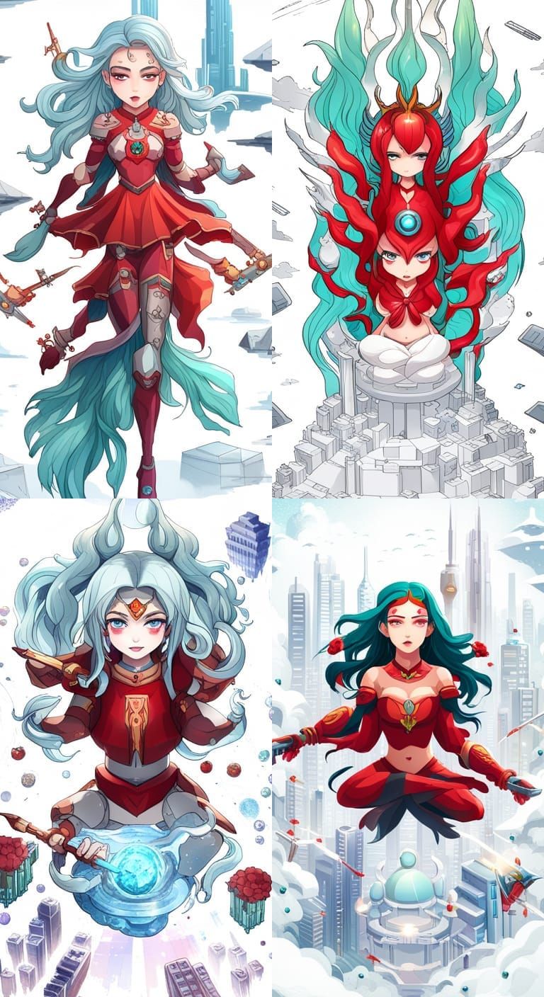 Chibi Hindu Goddess Over Futuristic City in Anime Art