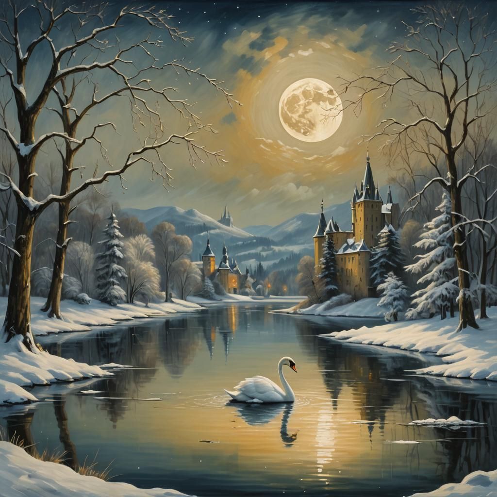 Serene Swan in Winter Landscape: Baroque Oil Painting