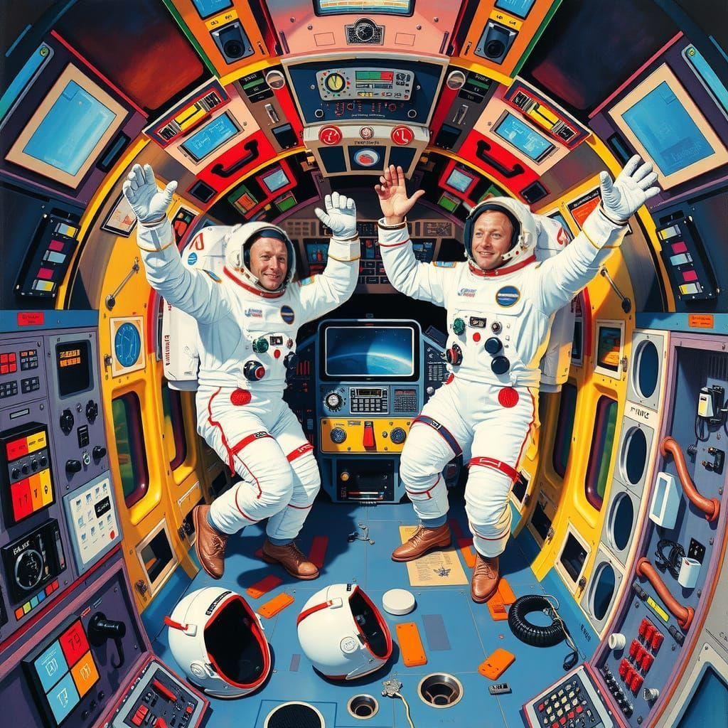 Lunar Command Module Dance Scene in Vibrant Triadic Colors