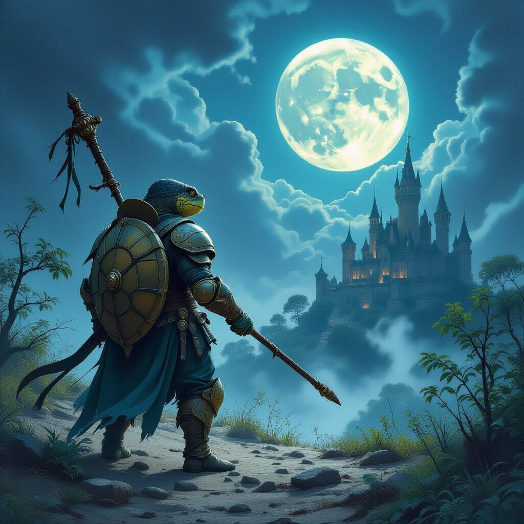 Turtle Fighter Under Eerie Moonlight in Dark Fantasy