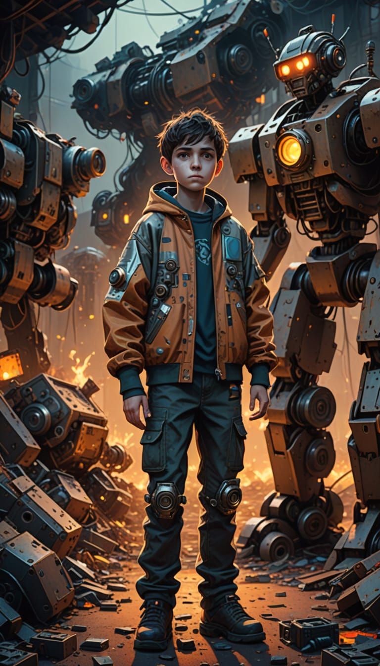 Boy Amidst Robot Parts in Eerie Fantasy Art