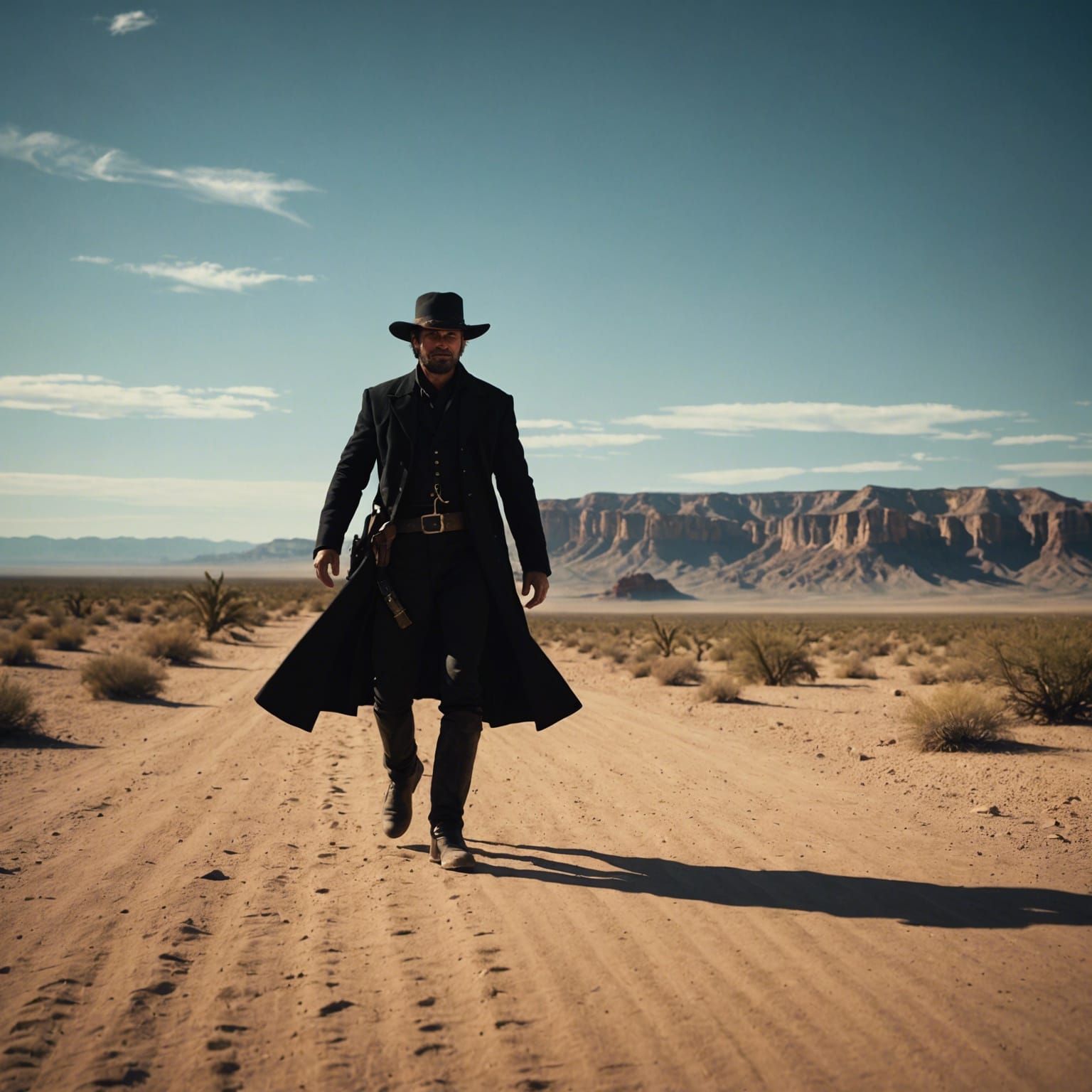 The man in black fled across the desert, and the gunslinger followed, Cinematic film still, shot on v-raptor XL, film gr...