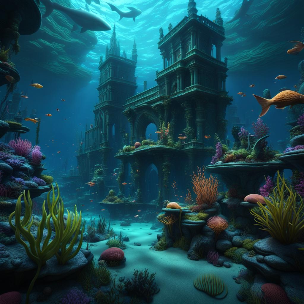 Underwater Mermaid City with Bioluminescent Plants