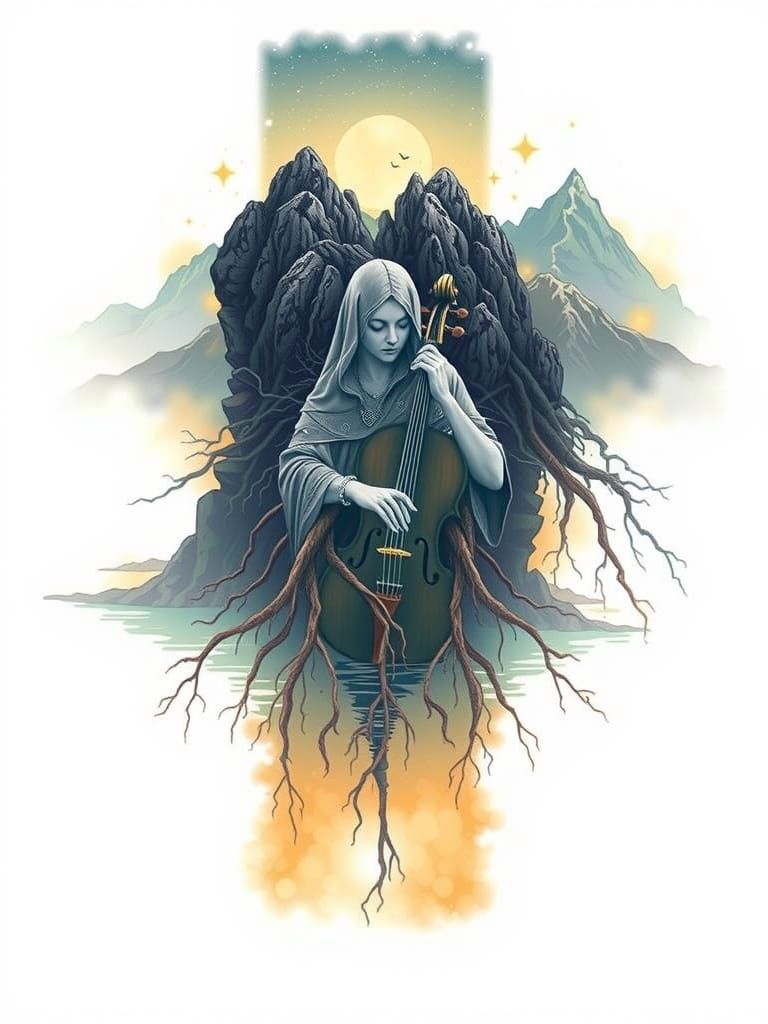 Mountains and Goddess Under Mystic Sky