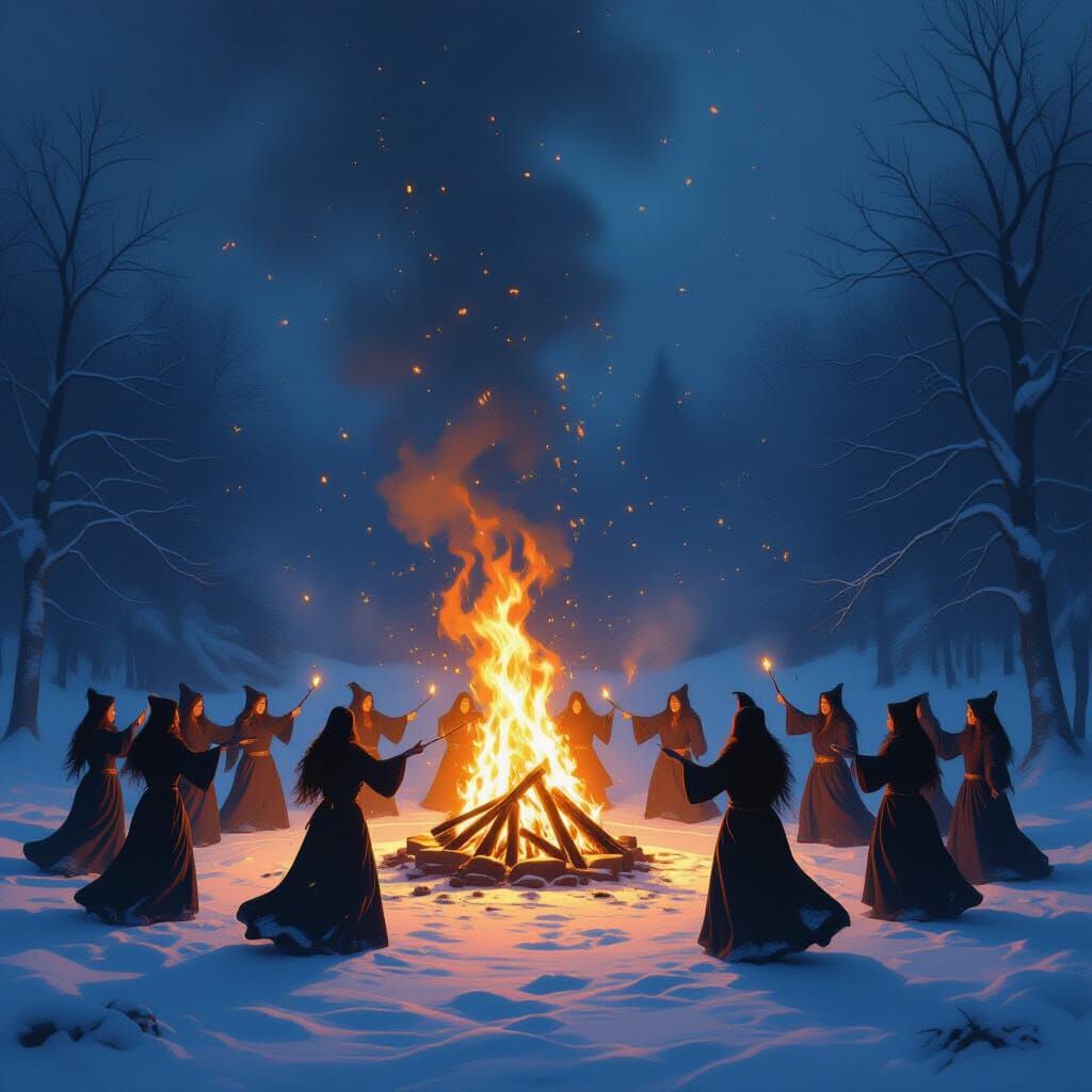 A blazing ritual bonfire at night on Yule with witches danci...