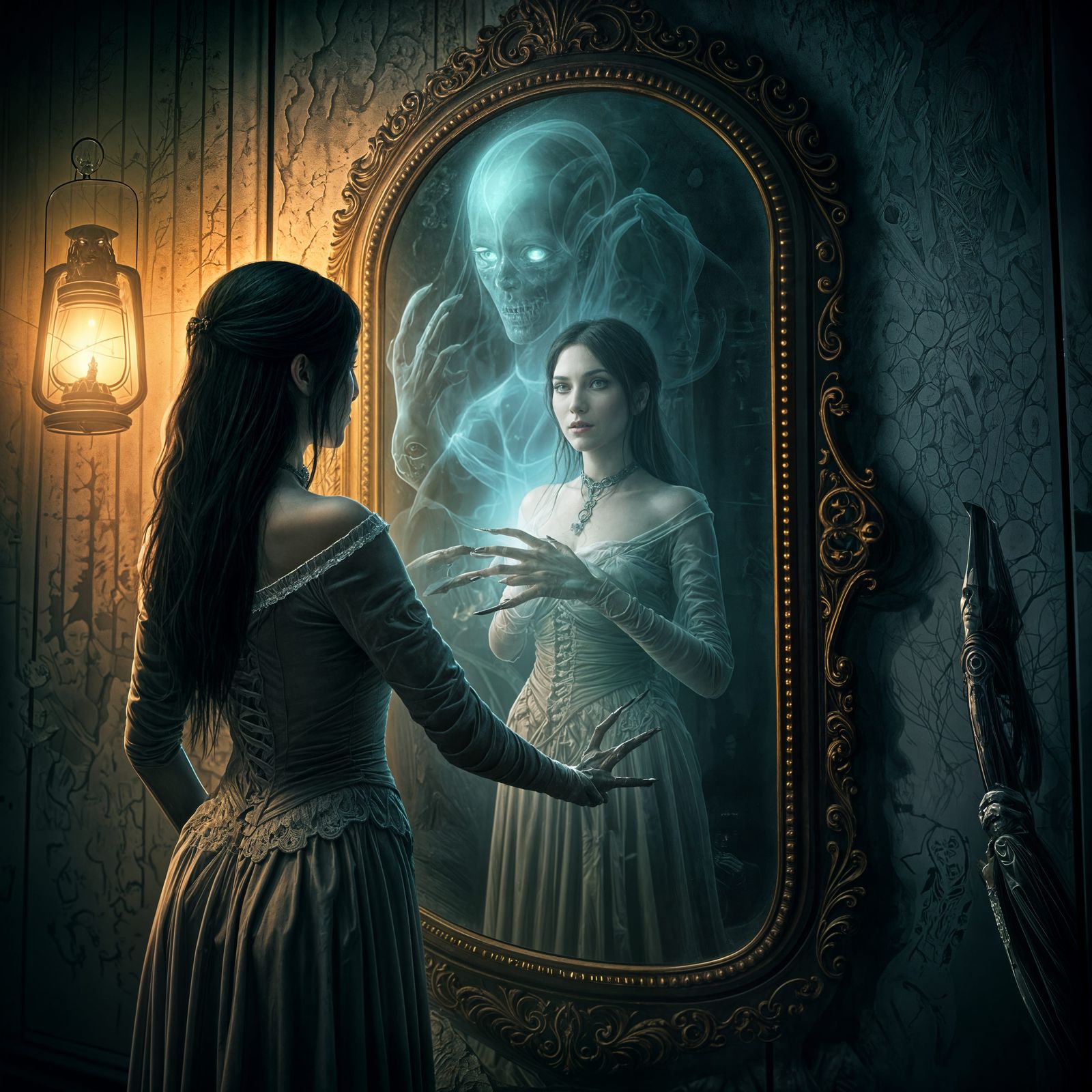 Haunted Reflection in Dark Giger-Inspired Setting