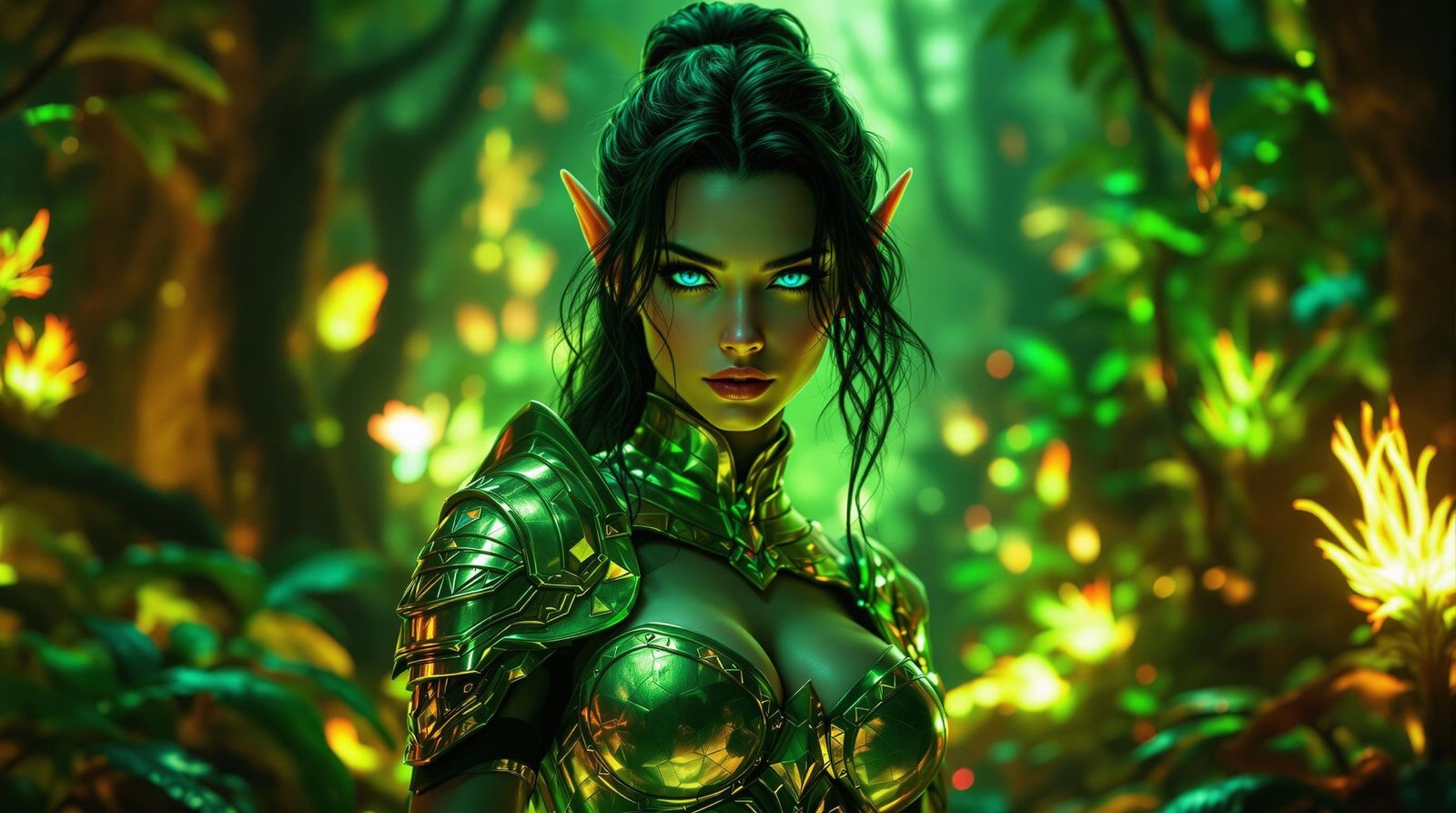 Hyper-Realistic Elf Warrior in Neon Forest