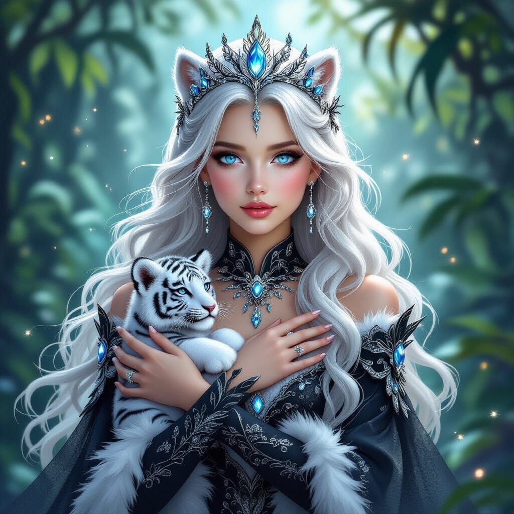 Fantasy Princess With White Tiger Cub in Lush Jungle
