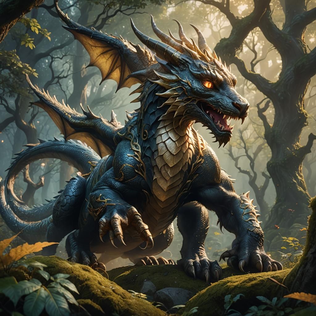 Cat Dragon Devouring Rabbit in Mystical Forest