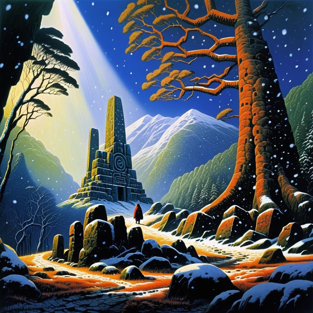 Winter Dark Fantasy Rainforest with Ancient Ruins