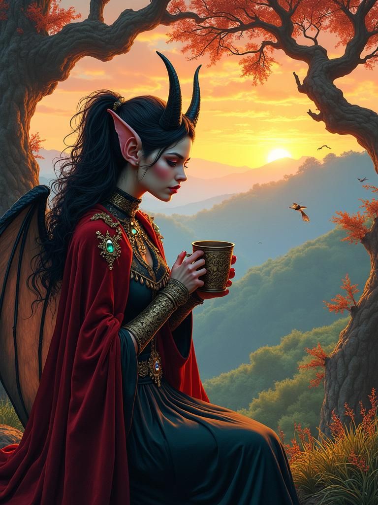 Tiefling Woman in Fantasy Landscape, Art Nouveau