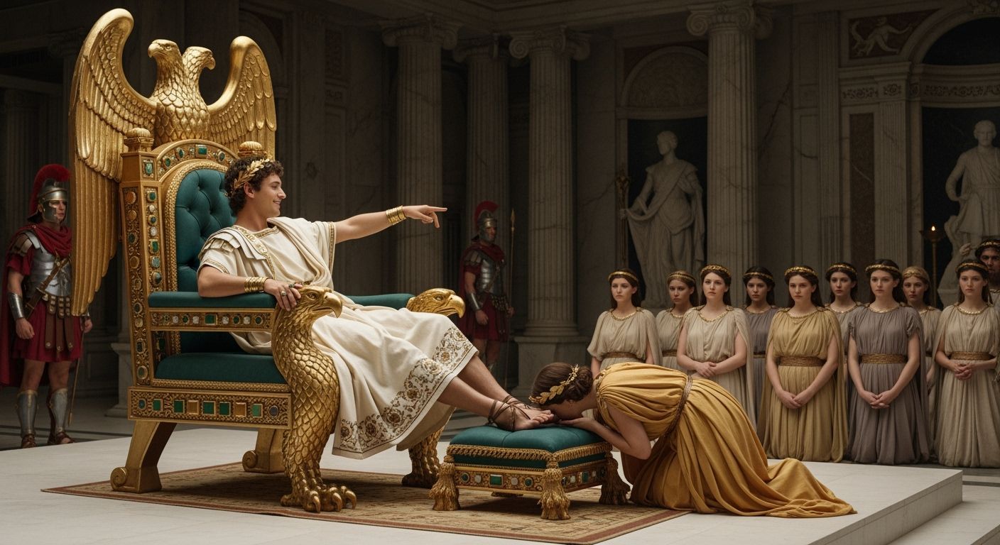 Emperor Nero on Gold Throne, Roman Priestess Paying Homage