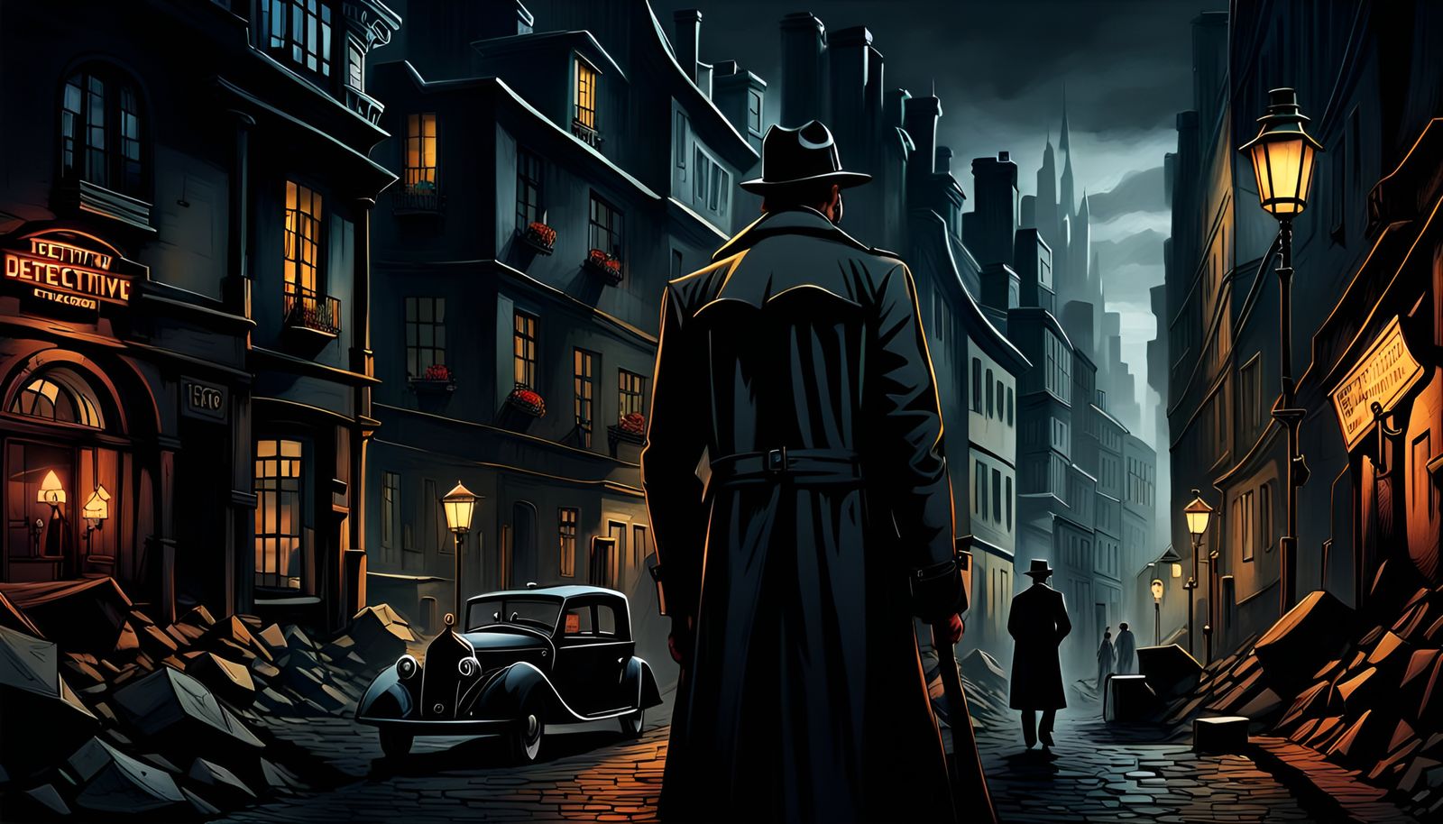 Film Noir Detective in Cityscape, Hundertwasser Style