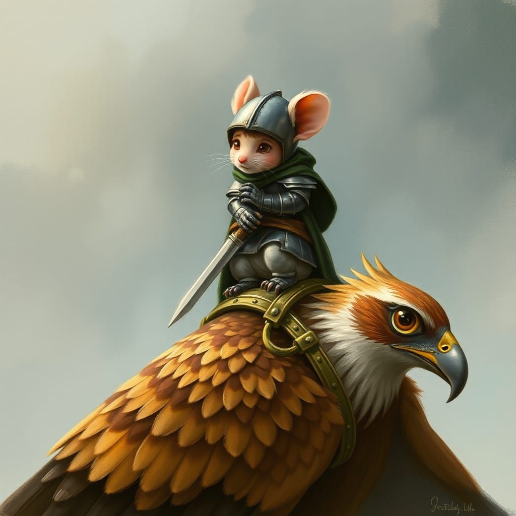 Mouse Knight Rides Falcon in Whimsical Watercolor Scene